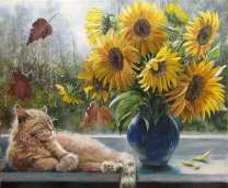 Без бренда «Подсолнухи в синей вазе возле кота» в Сочи