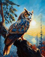 Картина по номерам «Филин на фоне заходящего солнца»