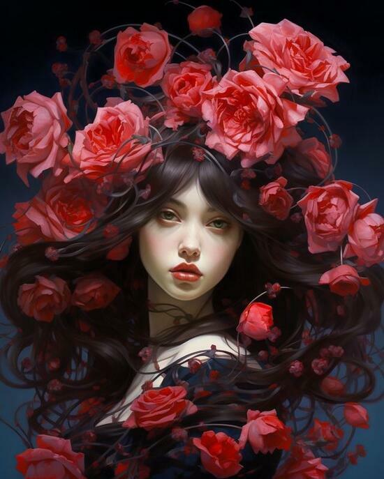 Картина по номерам 40x50 Длинноволосая брюнетка с розами в волосах