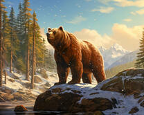 Бурый медведь в снежном хвойном лесу