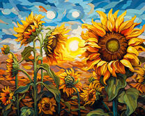 Яркие желтые подсолнухи в поле