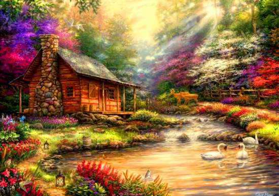 Картина по номерам 40x50 Лебединое озеро у лесного домика