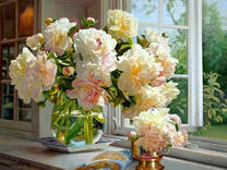Без бренда «Ваза с букетом белых пионов у окна» в Сочи