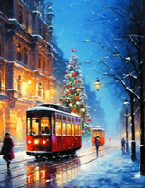Трамваи в заснеженном городе на кануне рождества