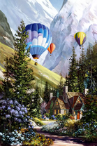 Полет воздушных шаров над деревней среди гор