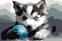 Щенок хаски с голубым мячиком