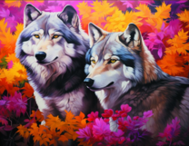 Волк и волчица в яркой листве